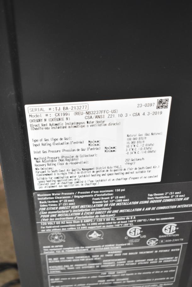2019 Rinnai CX199i tankless water heater, natural gas/propane, wall-mounted, brand new, scratch and dent. Serial: TJ.BA-213277.