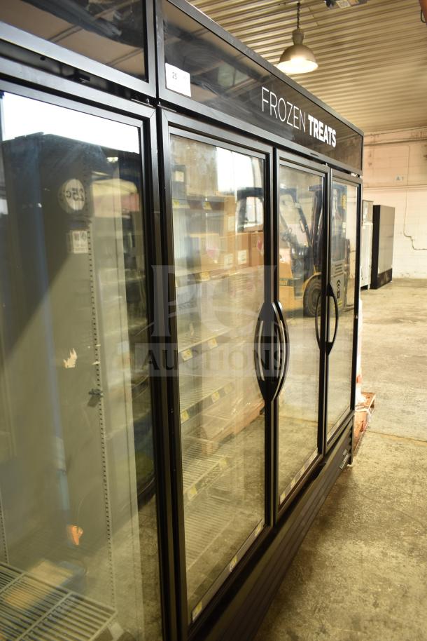 2019 True GDM-72F-HC commercial 3-door reach-in freezer merchandiser with glass doors, labeled "Frozen Treats."