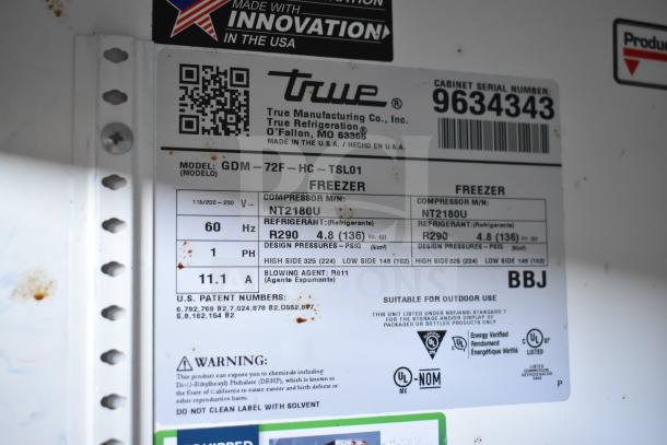 2019 True GDM-72F-HC freezer label detailing model, voltage 115/208-230, single phase, refrigerant R290, serial 9634343.