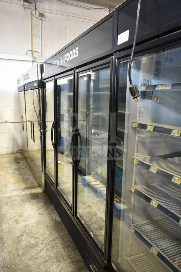 2019 True GDM-72F-HC commercial three-door freezer merchandiser, 115/208-230V, 1 phase, with glass doors and shelves.
