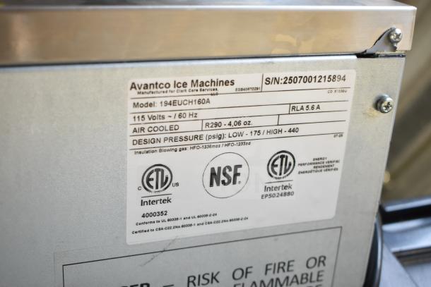 Avantco commercial ice machine, model 194EUCH160A, label details: 115 Volts, air-cooled, ETL, NSF certified.