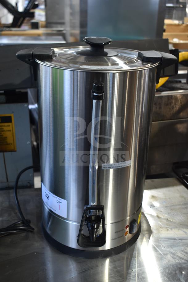 Brand new Avantco 177CU100ETL coffee urn, 100-cup capacity, stainless steel, with visible heating and keep warm indicators.