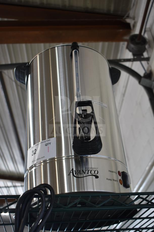 Brand new Avantco stainless steel coffee urn, 100-cup capacity, model 177CU100ETL, with visible control panel and scratches.