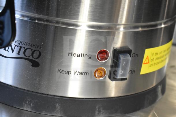 Brand new Avantco 177CU100ETL coffee urn, 100 cup capacity, double wall stainless steel, with heating and keep warm lights.