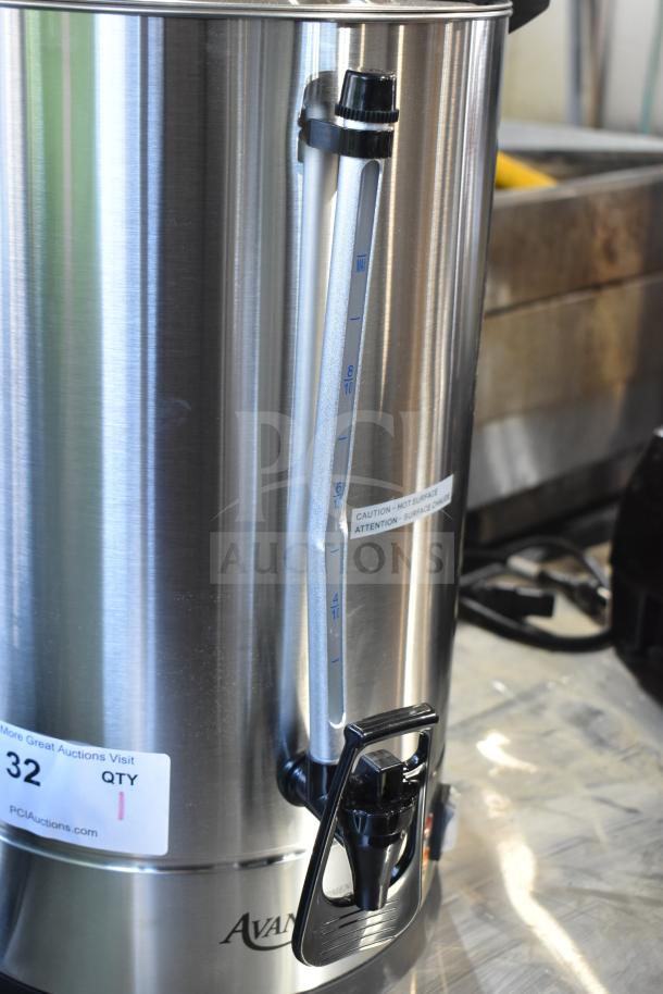 Brand new Avantco 177CU100ETL 100-cup stainless steel coffee urn, double wall, scratch and dent, with visible water gauge.