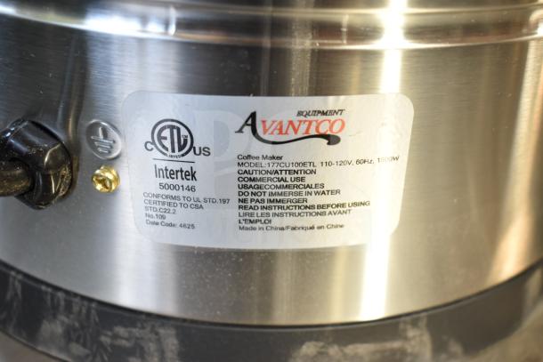 Brand new Avantco 177CU100ETL coffee urn, 100 cup capacity, double wall stainless steel, 110-120V, scratch and dent.