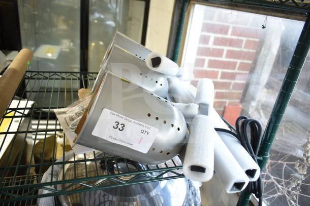 Brand new ServIt 423BLS3 Suspension Bar 3 Bulb Heat Lamp with visible label showing auction number 33. 120 Volts, 1 Phase.