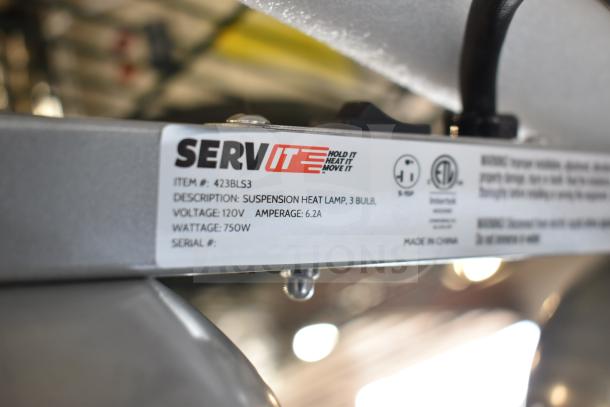 Brand new ServIt 423BLS3 suspension bar 3-bulb heat lamp, 120V, 750W, scratch and dent condition, visible label with specs.