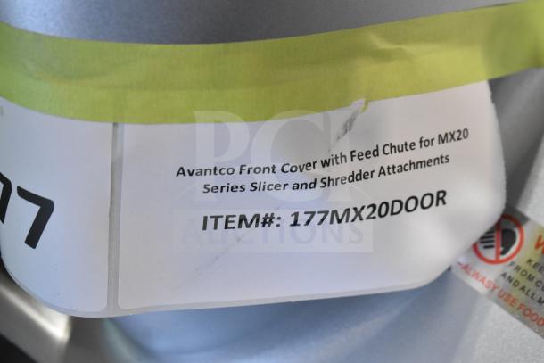Avantco 177MX20DOOR Front Cover with Feed Chute label for MX20 Series Slicer and Shredder Attachments.