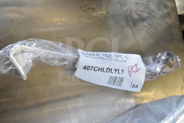 New Choice 1 oz. stainless steel ladle with yellow-coated handle, labeled 407CHLDLYL1, sealed in clear plastic.