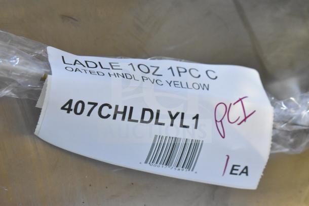 Yellow-handled stainless steel ladle, labeled "407CHLDLYL1," 1 oz capacity, with barcode and packaging details visible.