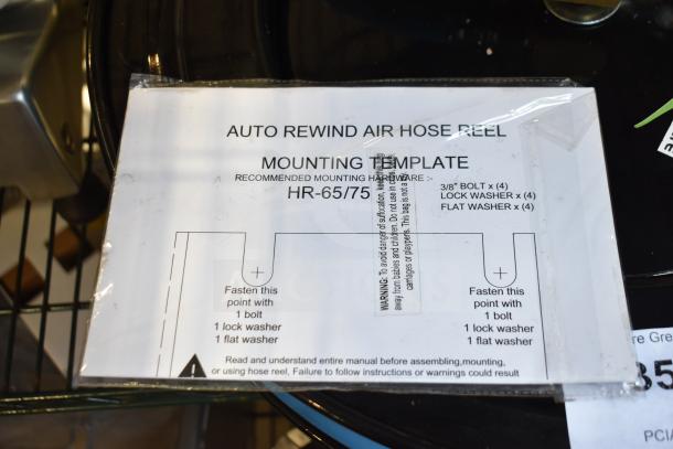 BRAND NEW Regency black powder-coated steel open air/water hose reel with hose, includes mounting template HR-65/75.