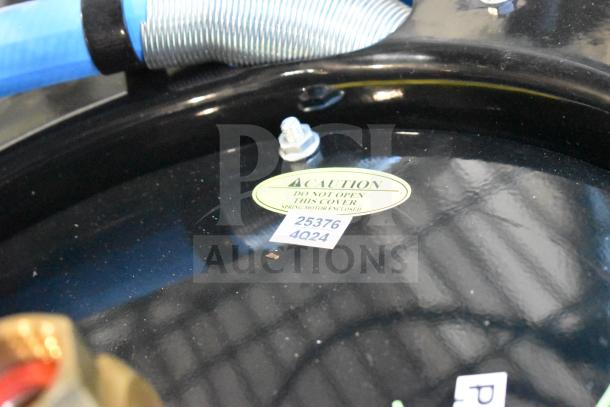 Regency black powder-coated steel hose reel with blue hose, "Caution" label, and model numbers visible. Scratch and dent condition.