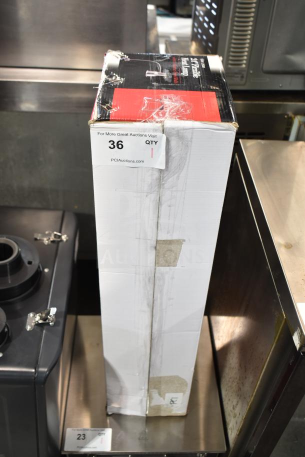 Brand new Avantco 177HL24SS 24" single arm bulb warmer heat lamp in box. Slight scratches and dents. 120V, 1 Phase. Box label shows quantity 1.