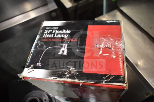 BRAND NEW Avantco 177HL24SS 24" single arm flexible heat lamp in original packaging, slight box damage. 120V, 1 phase.