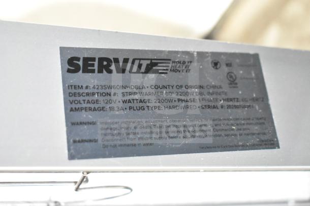 Alt text: "ServIt 423SW60INHDBLA 60-inch double strip warmer label. Features dual adjustable infinite controls, 120V, 1 phase."