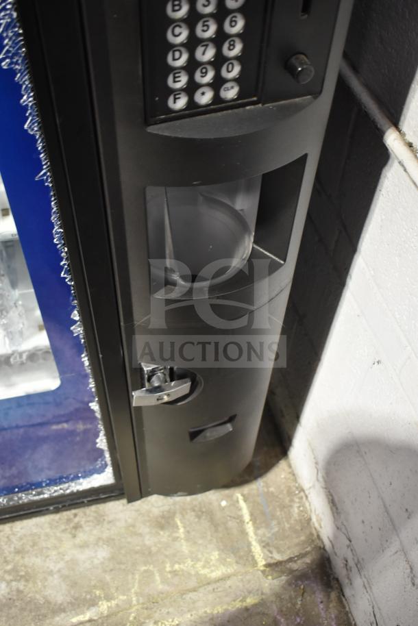 Crane 5800-4 drink vending machine with bill acceptor, visible damage on keypad area, 115 volts, 1 phase.