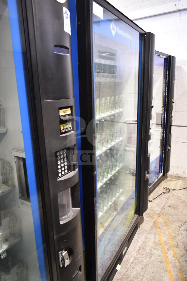 Crane 5800-4 commercial vending machine with bill acceptor, visible shelving, glass front, and non-closing door. 115 volts, 1 phase.