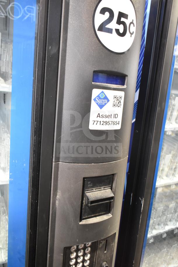 Crane 5800-4 vending machine, bill acceptor, 115V, Sam's Club asset ID visible, priced at 25 cents, commercial use.