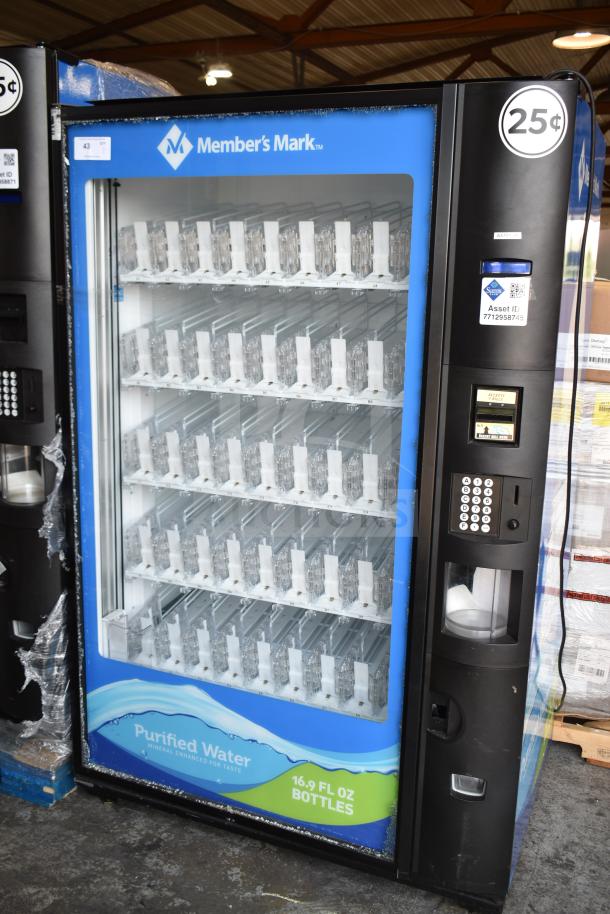 Crane 5800-4 commercial drink vending machine with bill acceptor, visible glass damage, Member's Mark branding, 115V, 1 phase.