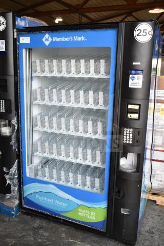 Crane 5800-4 commercial drink vending machine with bill acceptor, visible glass damage, Member's Mark branding, 115V, 1 phase.