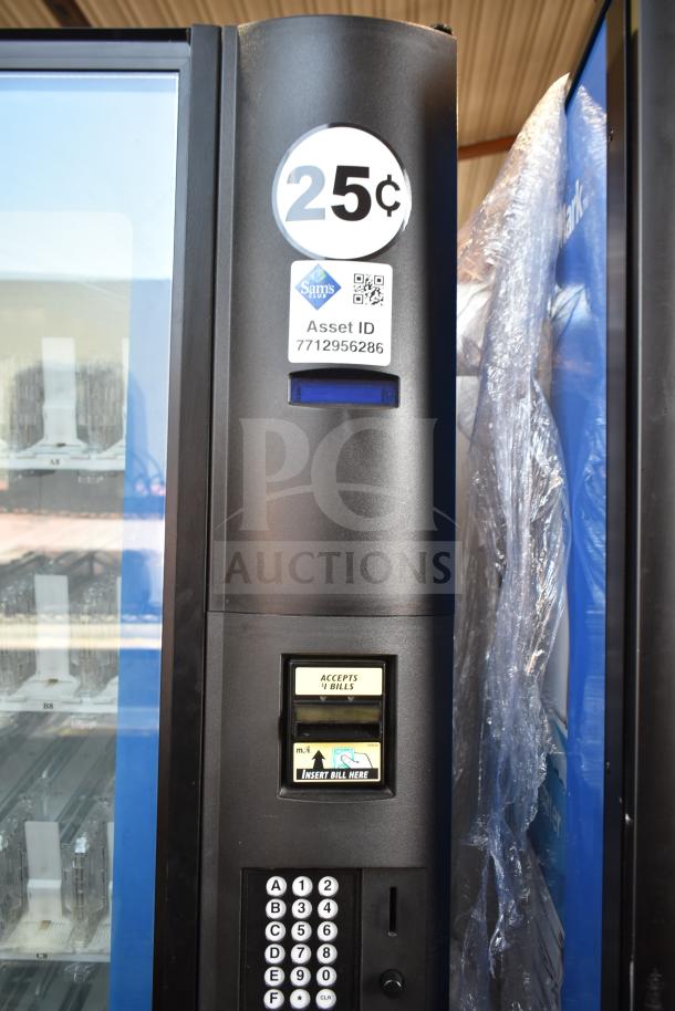 Crane 5800-4 commercial drink vending machine with bill acceptor, 115 volts, 1 phase, visible pricing sticker and asset ID.