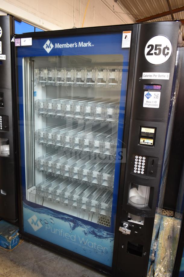 Crane 5800-4 commercial vending machine, dispenses bottled drinks, includes bill acceptor, 115 volts, 1 phase, good condition.