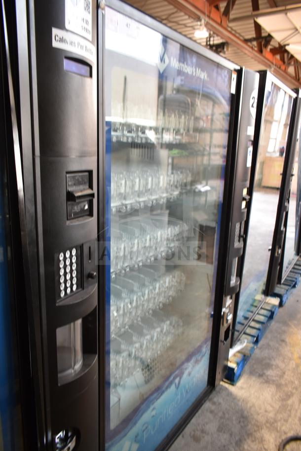 Crane 5800-4 commercial bottled drink vending machine with bill acceptor, 115 volts, 1 phase, glass front.