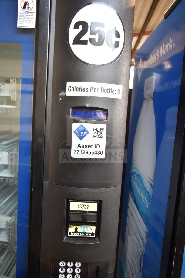 Crane 5800-4 vending machine, 115 volts, 1 phase, with bill acceptor. Features 25¢ price, asset ID label, and bottle calorie info.