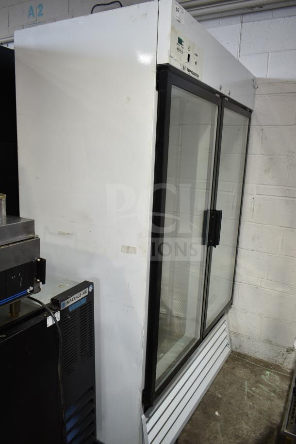 So-Low DHF4-49GD commercial 2-door reach-in freezer merchandiser, 115V, 1-phase, glass doors, white, used condition.