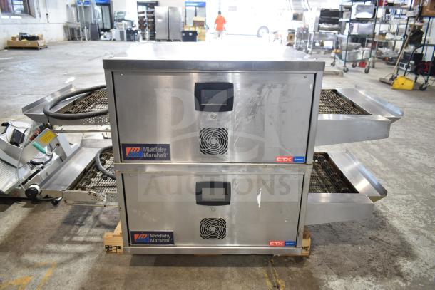 Middleby Marshall CTX DZ33T conveyor pizza ovens, stainless steel, 208V, tested working, on casters, commercial use.