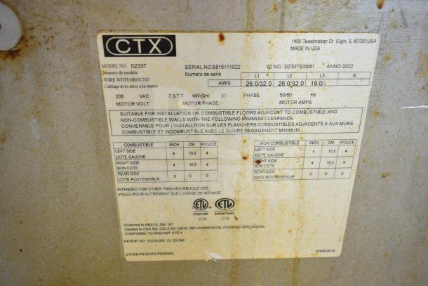 Middleby Marshall CTX DZ33T commercial electric conveyor pizza oven label, detailing model, serial number, and power specifications.