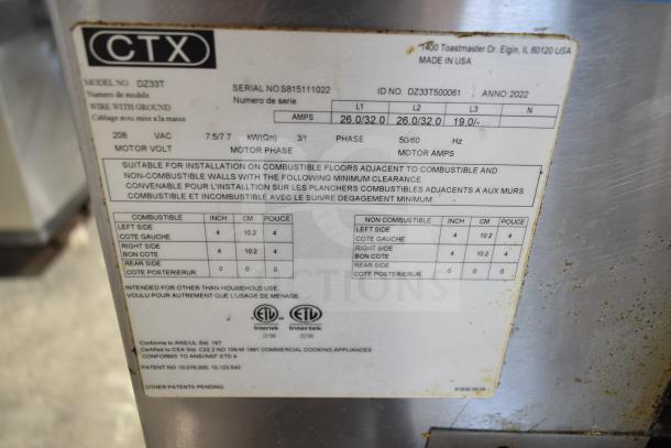 Middleby Marshall CTX DZ33T stainless steel commercial conveyor pizza oven label, showing voltage, phase, and ETL certification.