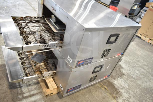 Middleby Marshall DZ33T stainless steel conveyor pizza ovens on casters, 208V, 3/1 phase, tested, commercial use.