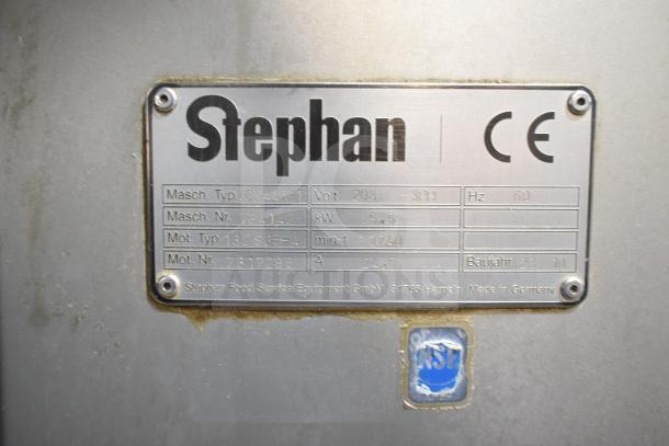 Stephan VCM44A/1 commercial floor-style vertical cutter mixer nameplate, 208V, 3-phase, CE mark, NSF certified.