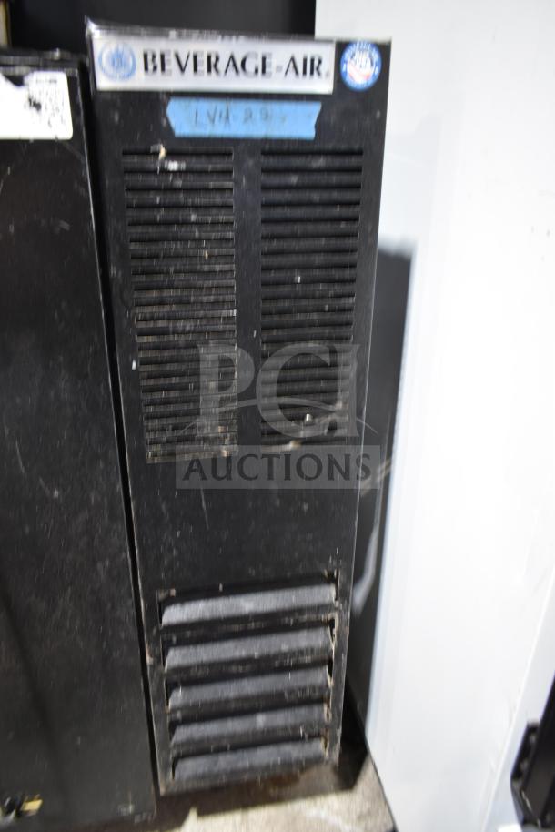 Beverage Air BB48Y-1-B commercial 2-door back bar cooler, 115 volts, visible wear, model and brand labels shown.