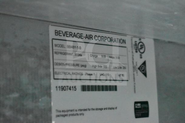 Beverage Air BB48Y-1-B label showing model, refrigerant R134a, design pressure, and electrical ratings (115V, 1 phase).