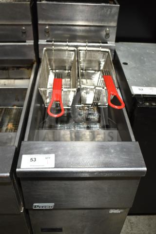 Pitco Frialator commercial gas fryer on casters with dual fryer baskets and red handles. Auction tag visible with item info.