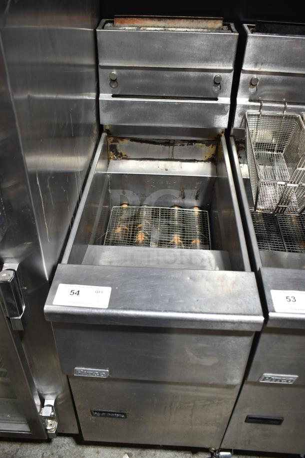 Pitco Frialator commercial gas fryer with worn exterior on casters, auction label "54 QTY 1" visible on front.