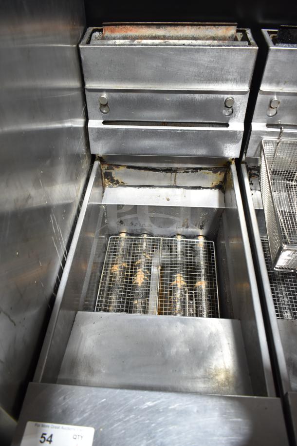 Pitco Frialator gas-powered deep fat fryer, commercial floor style, showing interior cooking area, on commercial casters.