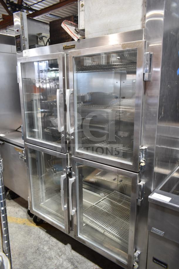 Traulsen RHT 2-32NUT reach-in cooler with four half-size glass doors, 115V, 1 phase, stainless steel, commercial use.