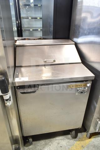 Beverage Air SPE27-B commercial sandwich prep table on casters. Stainless steel, visible brand label, 115V, 1 phase.