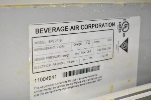 Beverage Air SPE27-B commercial prep table label showing model, refrigerant R134a details, and electrical ratings.