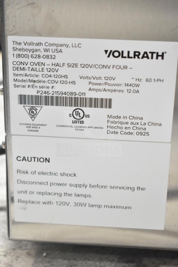 Alt text: Brand new Vollrath COV-120-HS half-size countertop convection oven label, 120V, model CO4-120HS. Made in China.