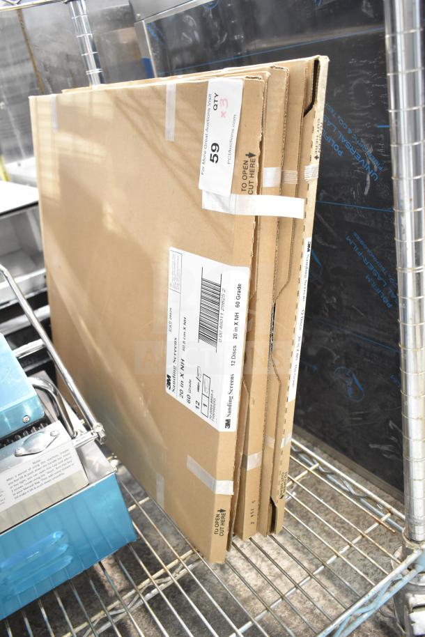 3 new 3M sanding screens, 20 in x NH, 60 grade, in cardboard packaging with handling labels.