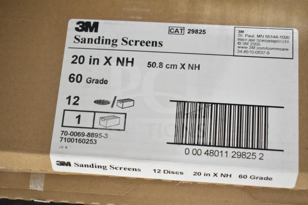 3M sanding screens, 20 in, 60 grade, box of 12 discs, CAT 29825, new condition, label with product details visible.