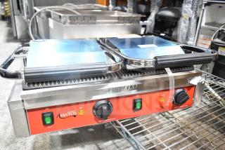 BRAND NEW SCRATCH AND DENT! 2025 Avantco 177PG400 Commercial Dual Panini Sandwich Grill with Grooved Plates and 19 5/8" x 9 1/8" Cooking Surface. 120 Volts, 1 Phase.