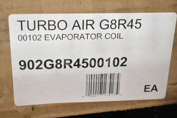 Turbo Air Refrigeration G8R4500102 evaporator coil, brand new scratch and dent, labeled with model and barcode.