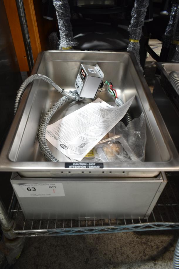Brand new Hatco HWBI-FULD drop-in hot food well with drain, 208V, 1 phase, includes wiring and installation guides.