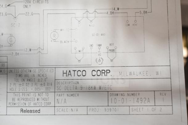 Electrical schematic for a Hatco booster water heater accessory, showing wiring details. Includes Hatco Corp label and part info.